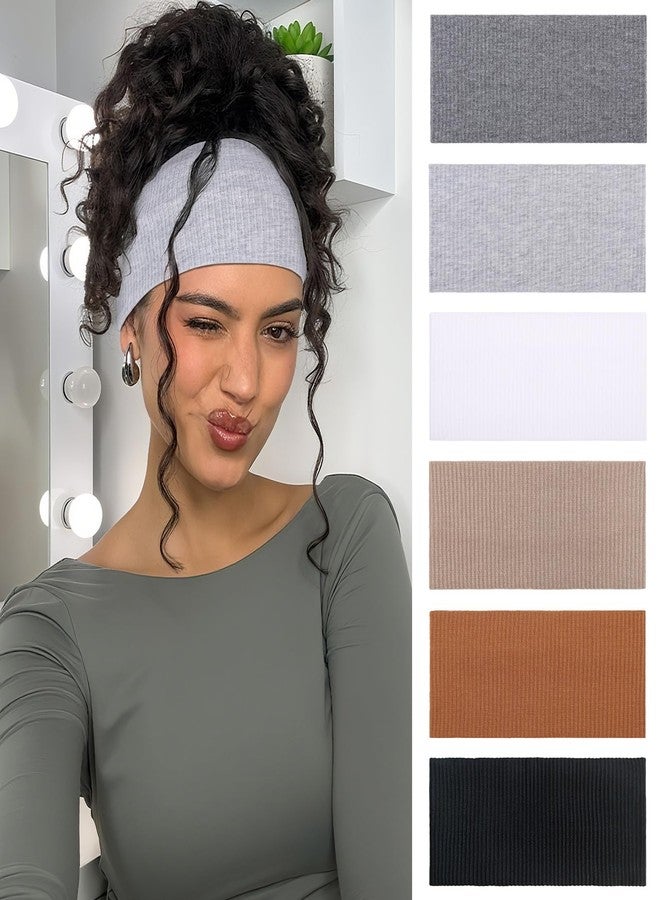 XTREND 6 Packs Knitted Wide Headbands for Women Non Slip Ribbed Headband Boho Thick Hairbands Workout Outdoor Yoga Dating Hair Accessories (Black, Dark Gray, Light Gray, White, Khaki, Caramel) - Image 1